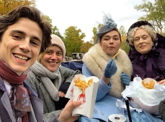 Timothée Chalamet, Greta Gerwig, Florence Pugh, And Meryl Streep Eating Wendy’s At Streep’s Request On The Set Of Little Women (2019)
